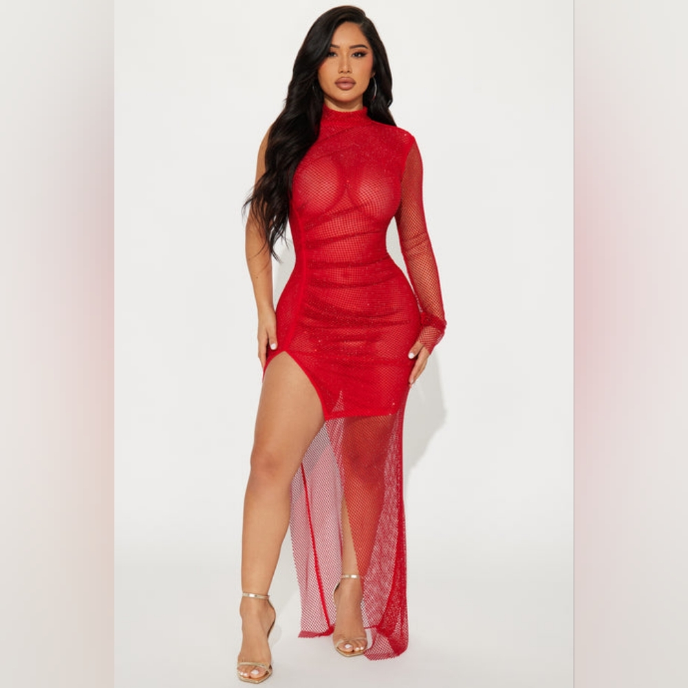 Rhinestone One Shoulder Mesh Dress